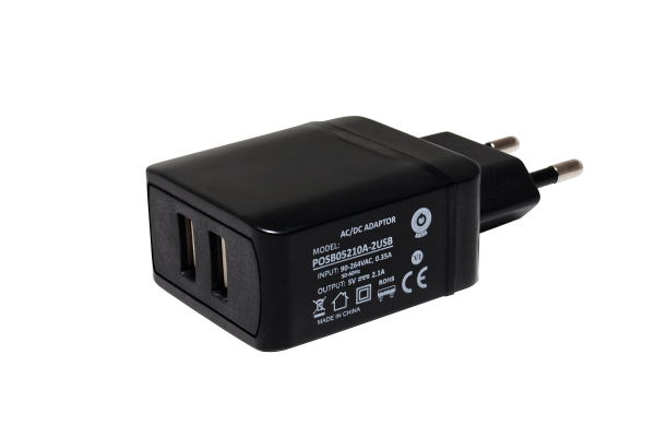 Zasilacz impulsowy 5V/2,1A/10,5W, adapter czarny wertykalny, gniazdo AC:CEE7/16. gniazdo DC: USB x2 POSB05210A-2USB