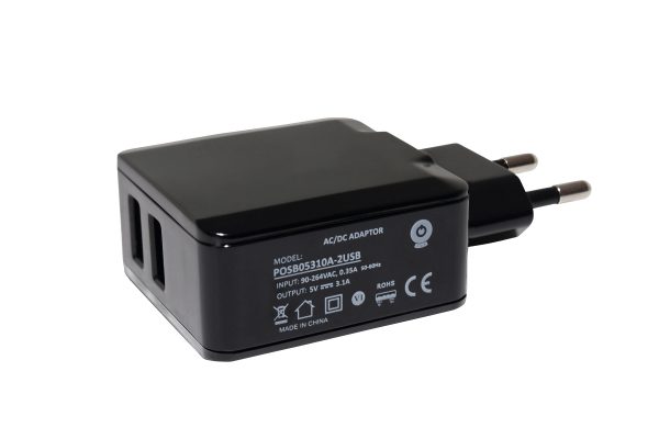 Zasilacz impulsowy 5V/3,1A/15,5W, adapter czarny wertykalny, gniazdo AC:CEE7/16. gniazdo DC: USB x2 POSB05310A-2USB - obrazek 2