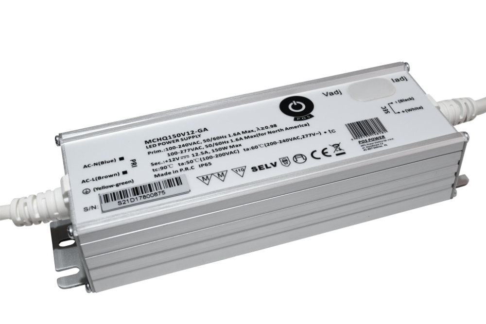 zasilacz LED 12V/12.5A CV, metal case, PFC, Universal AC input (max 305VAC), Uo/Io adjustable MCHQ150V12-GA