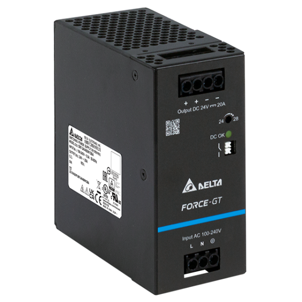 Delta DIN Rail 24V/20A, FORCE-GT, high efficency, high power density DRF-24V480W1GBA