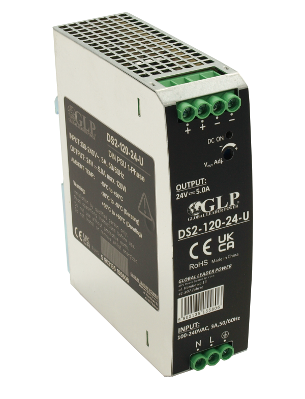 GLP: 24V/5A/120W DIN Rail PSU metal case, Uin = 90-264VAC / 127-370VDC DS2-120-24-U